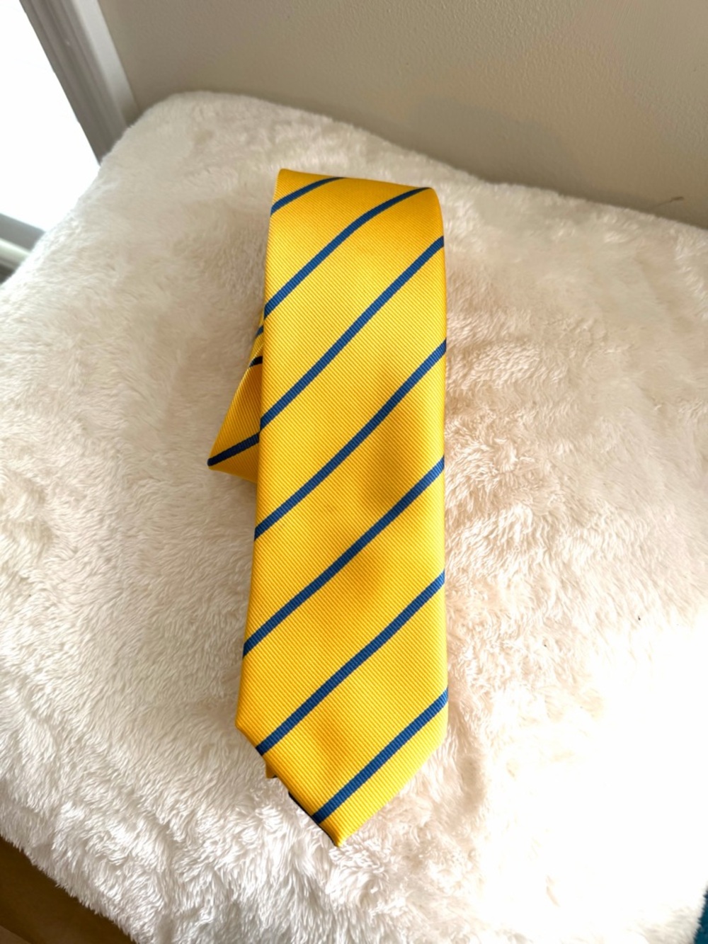 Peach Couture Yellow Tie with Blue Diagonal Stripes